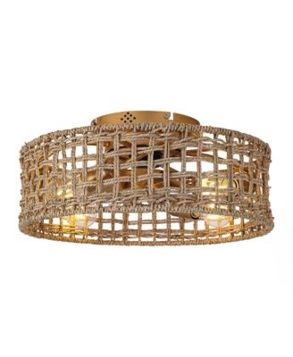 17.7 Corn Straw Rope Brass Caged Flush Mount Ceiling Fan with Remote and App
