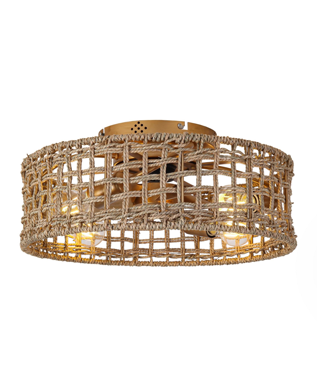 Parrot Uncle 17.7 Corn Straw Rope Brass Caged Flush Mount Ceiling Fan with Remote and App