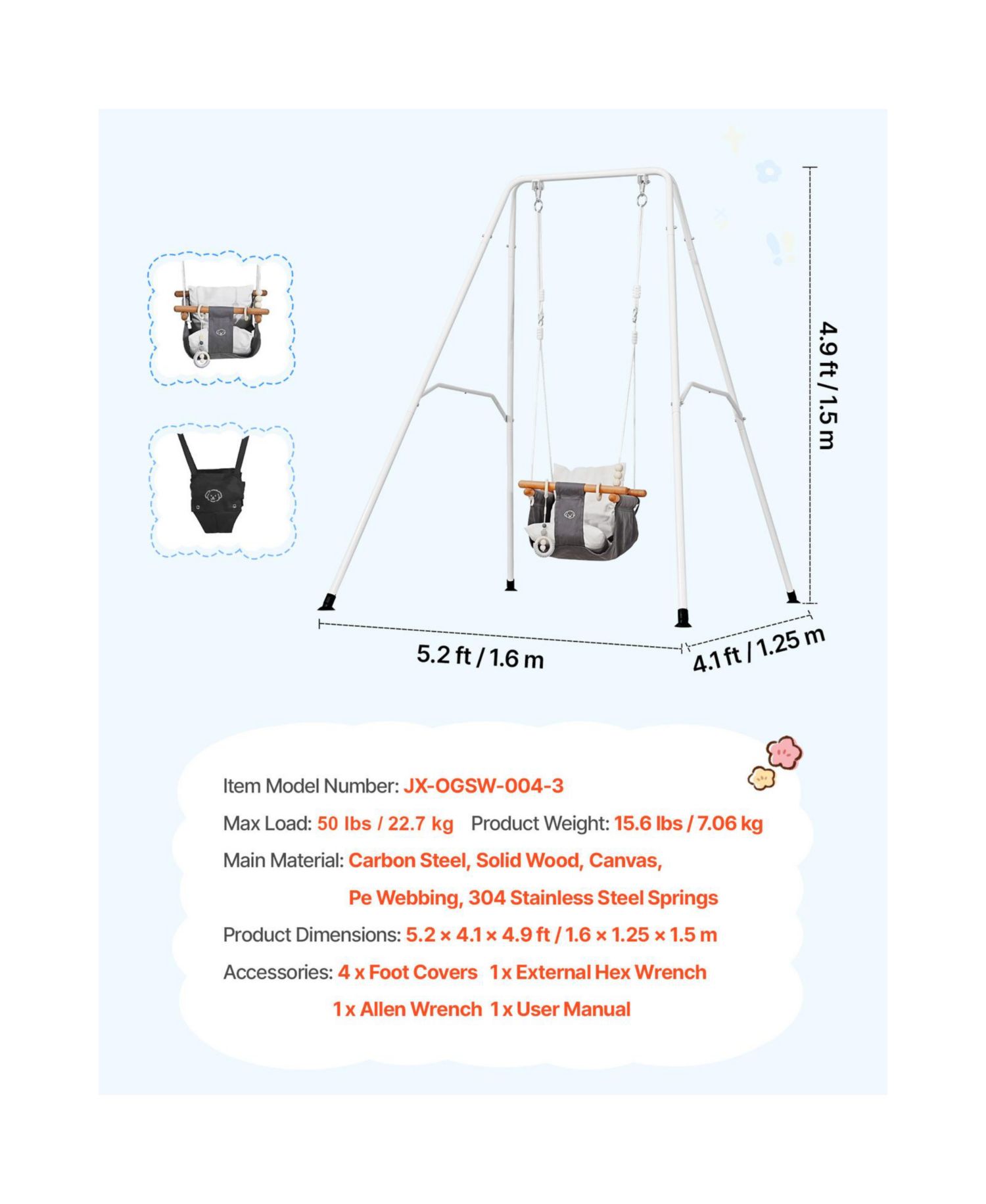 Toddler Swing and Jumper, 2-in-1 Baby Swing Set and Bouncer with Foldable A-Frame Metal Stand, Canvas Seat and 50 lb Capacity