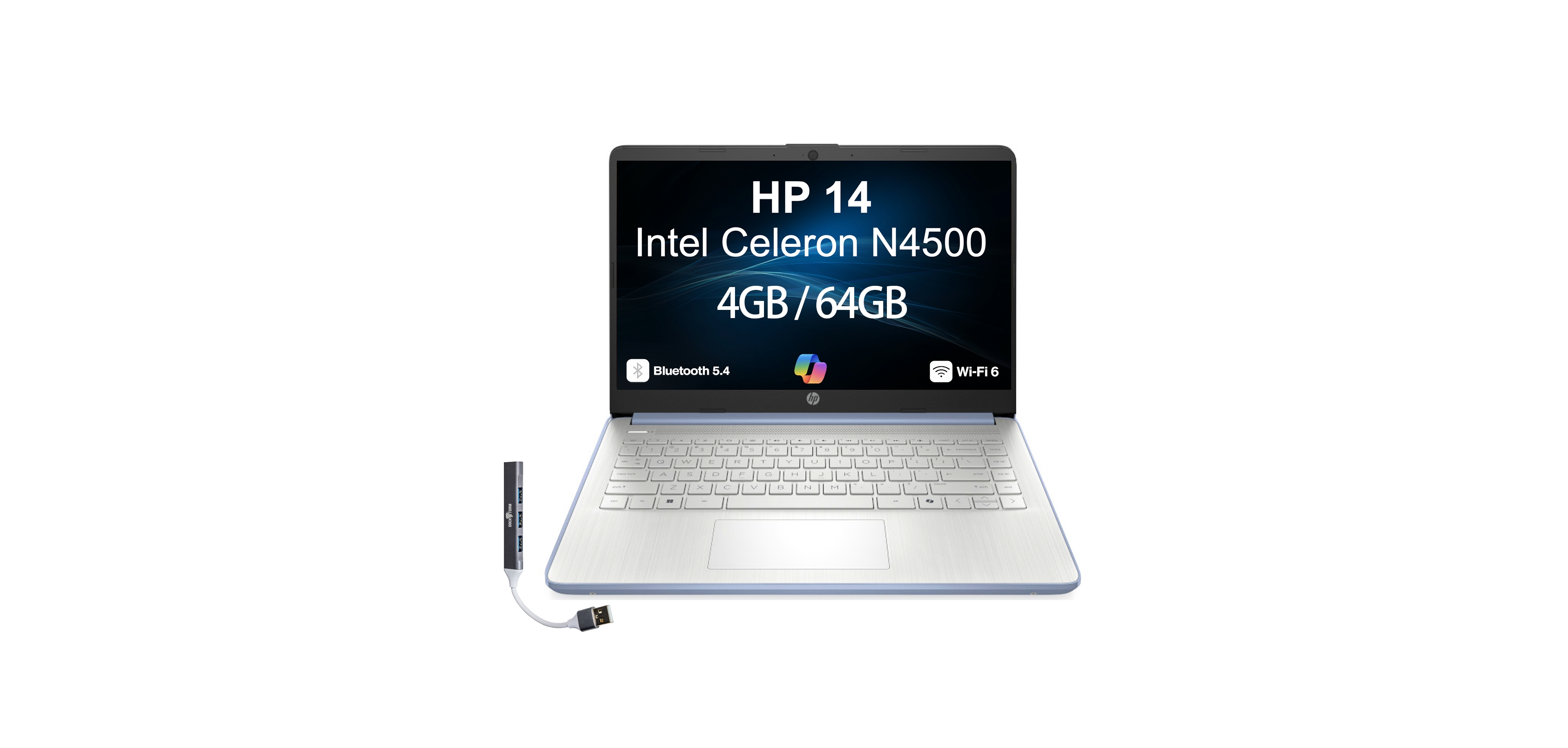 Hp 14 Laptop 14.0 Hd (Intel Celeron N4500, 4GB DDR4, 64GB Ssd, Intel Uhd Graphics, Win 11 Home S-Mode) w/Usb Hub