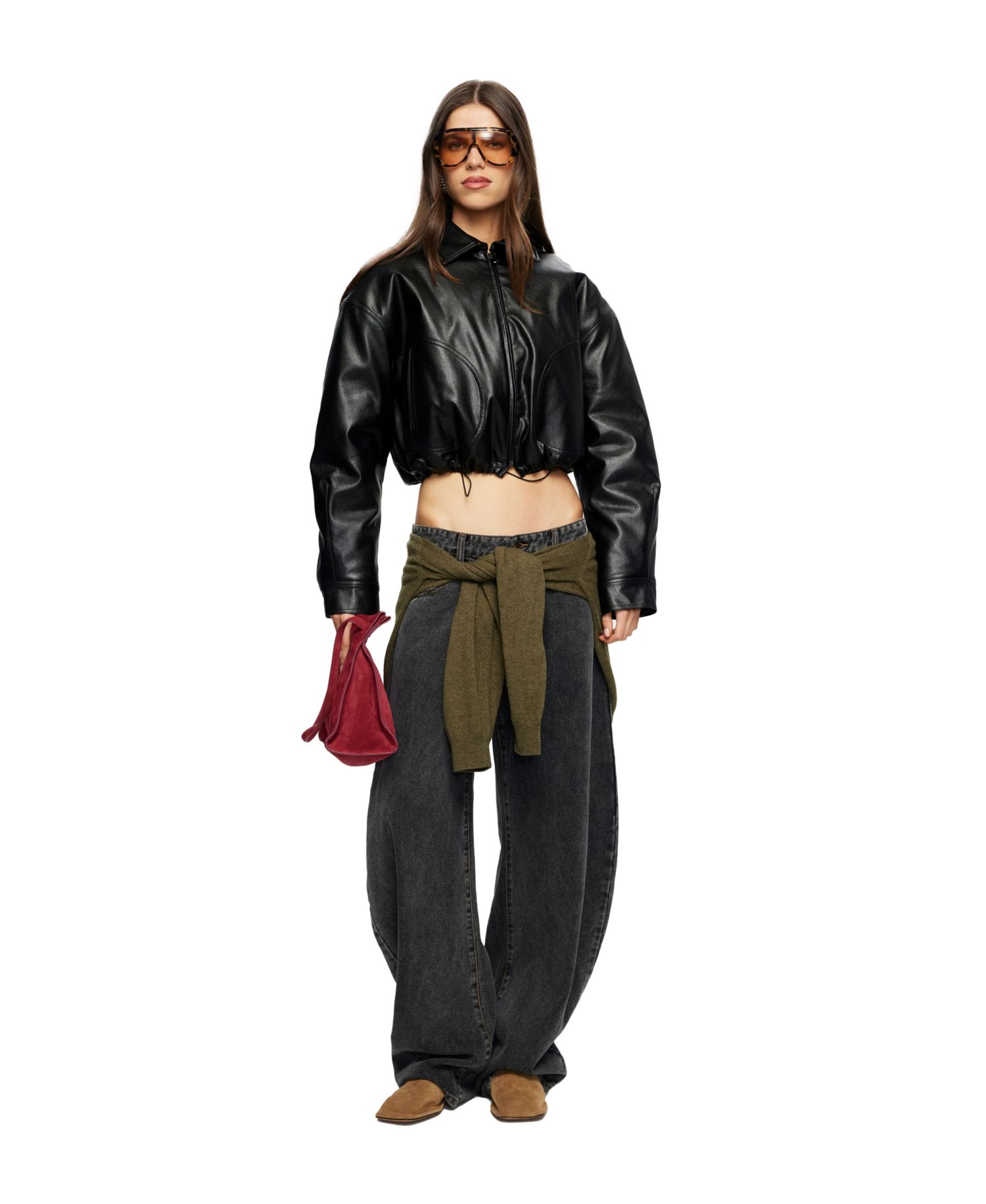 Women's Hudson Cropped Faux-Leather Polo-Collar Bomber Jacket