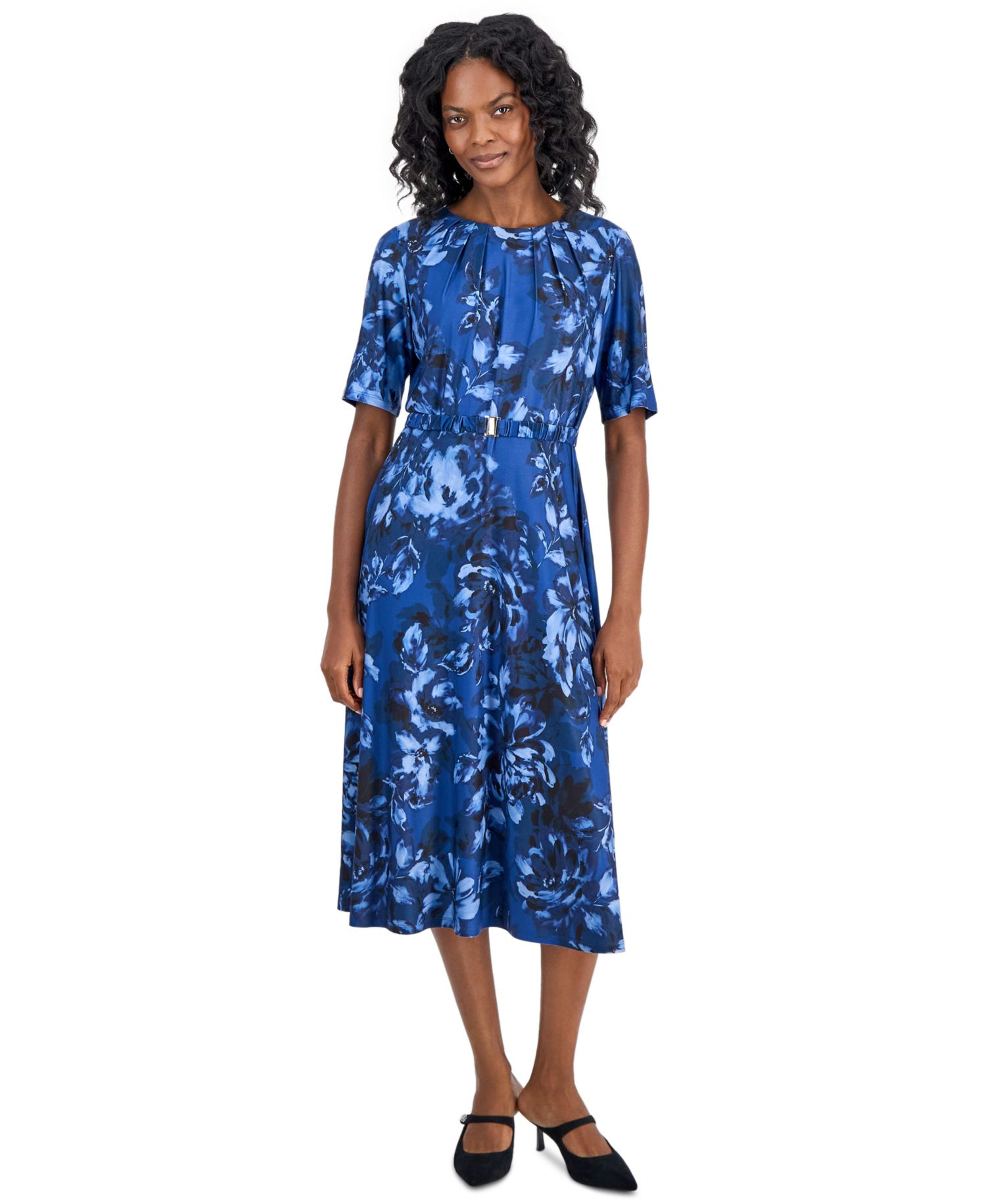 Women's Pleat-Neck Belted Short-Sleeve Dress
