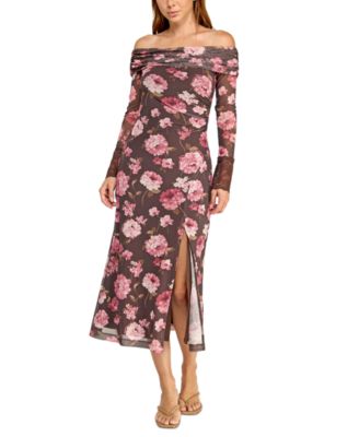 Juniors' Off-The-Shoulder Long-Sleeve Floral Printed Mesh Midi Dress