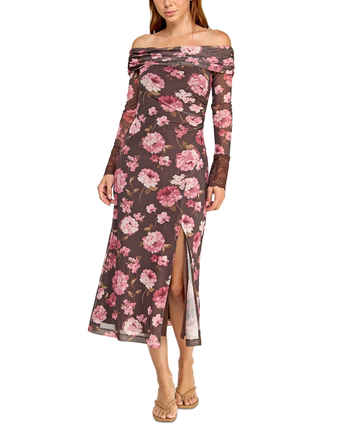 Trixxi Juniors' Off-The-Shoulder Long-Sleeve Mesh Dress