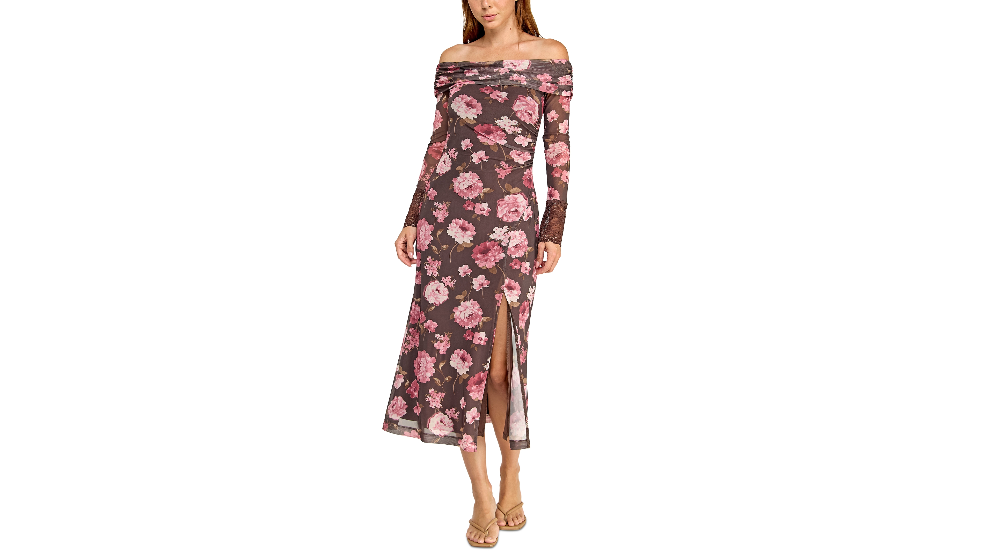 Trixxi Juniors' Off-The-Shoulder Long-Sleeve Mesh Dress