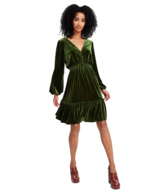 Taylor Womens V Neck Smocked Waist Long Sleeve Velvet Dress