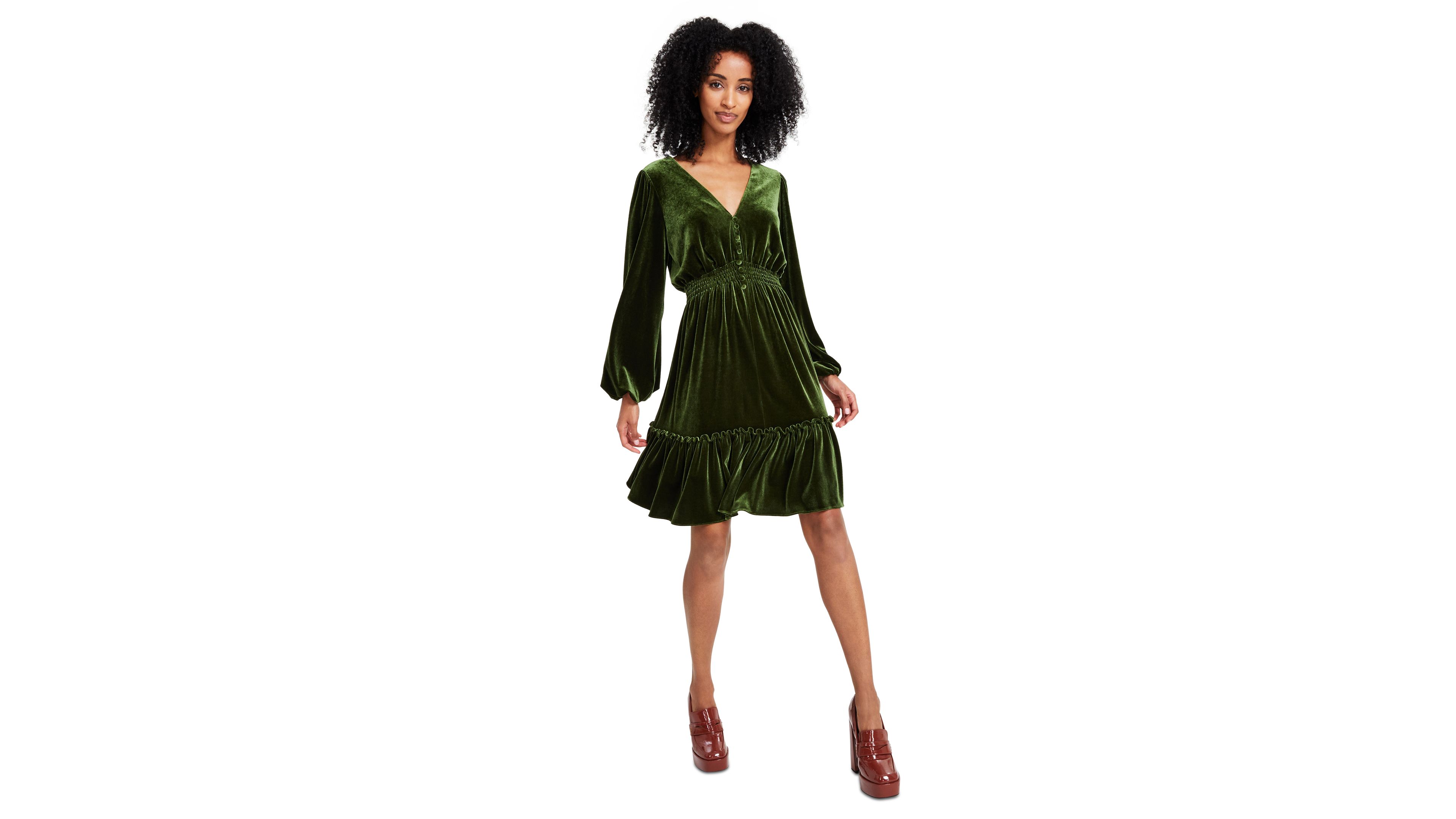 Taylor Womens V Neck Smocked Waist Long Sleeve Velvet Dress