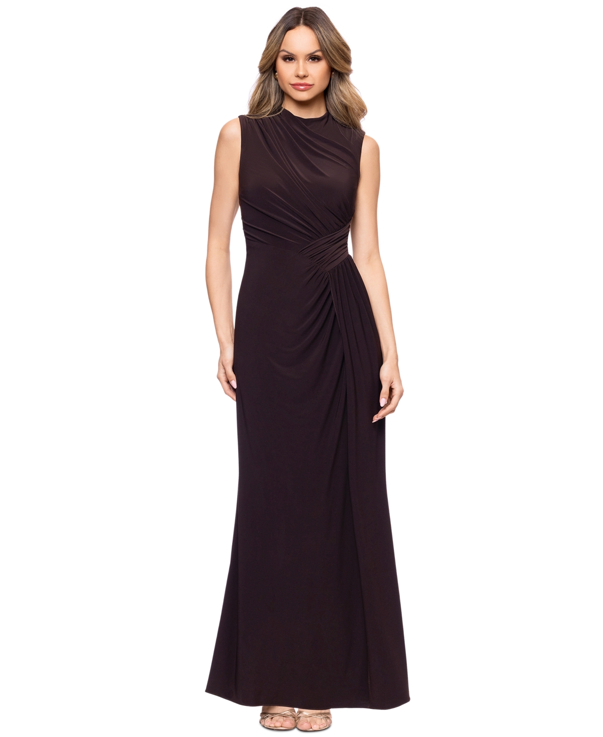 Betsy & Adam Petite Sleeveless Mock Neck Ball Gown - Brown