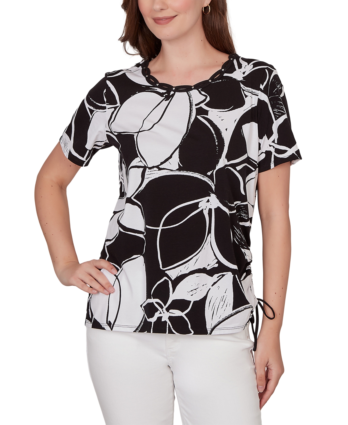 Alfred Dunner Petite Abstract Floral Embellished Side-Tie Top