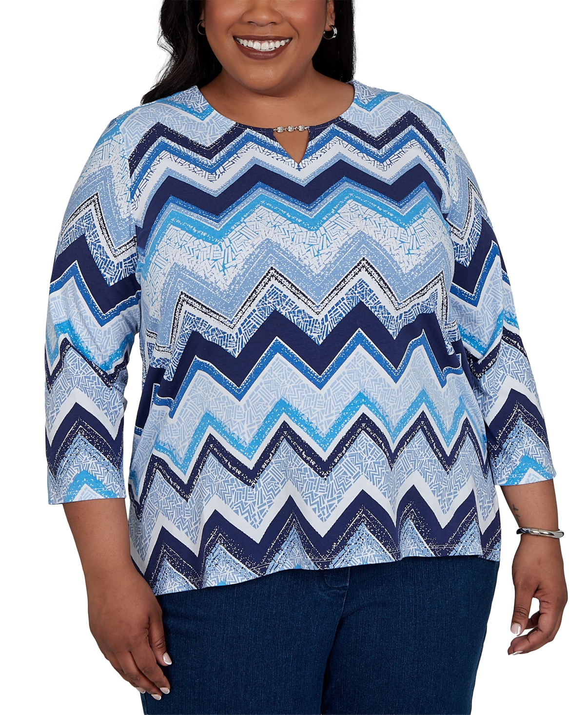 Alfred Dunner Plus Chevron Blues Split Neck Top