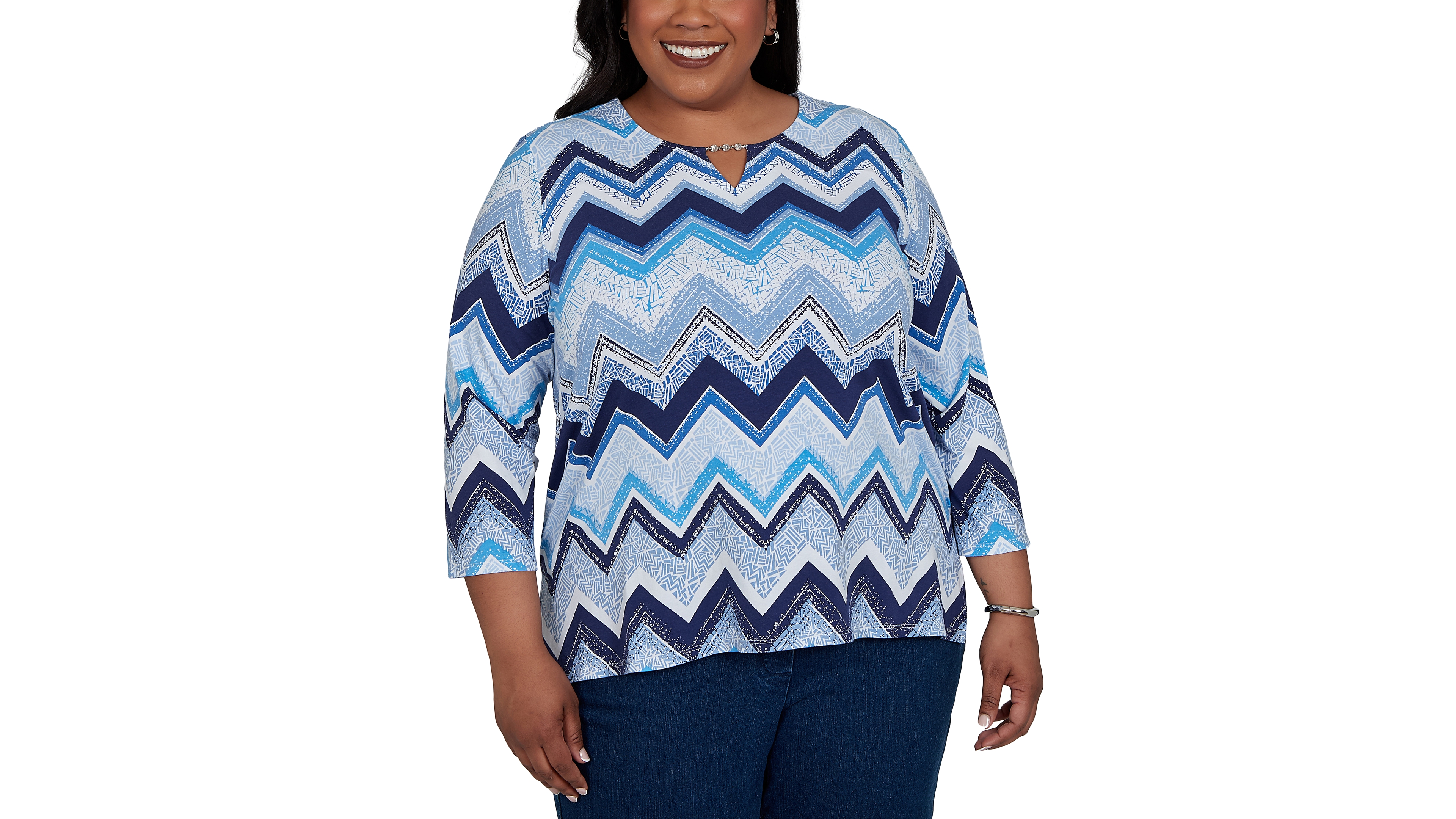 Alfred Dunner Plus Chevron Blues Split Neck Top
