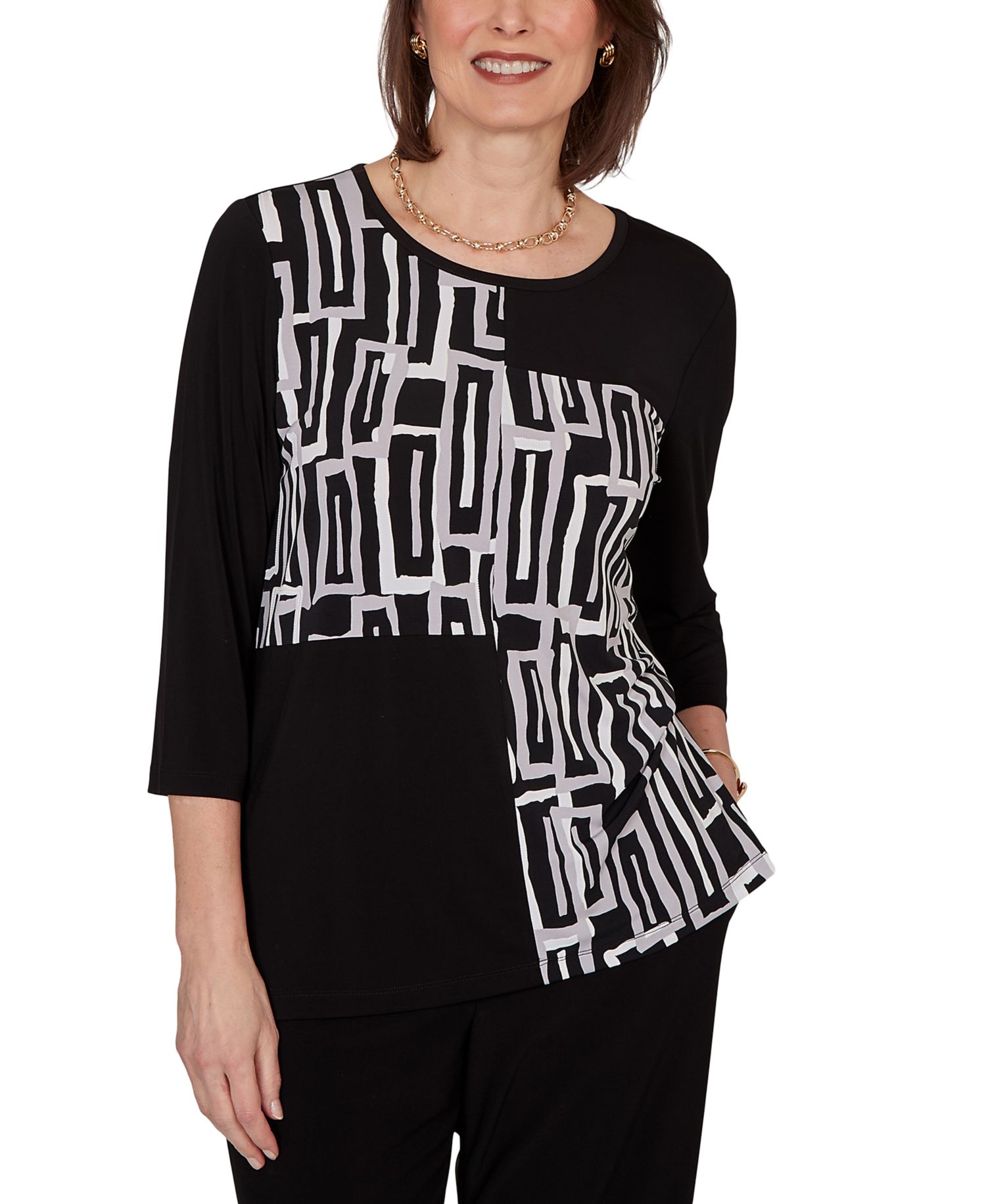 Women's Spliced Geometric Puff Print Top