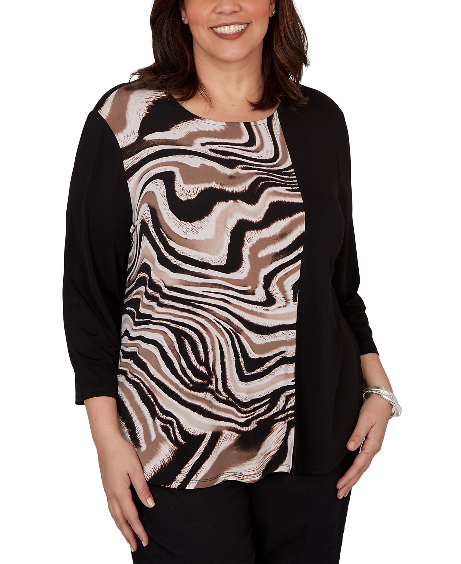 Plus Size Vertical Spliced Animal Puff Printed Top