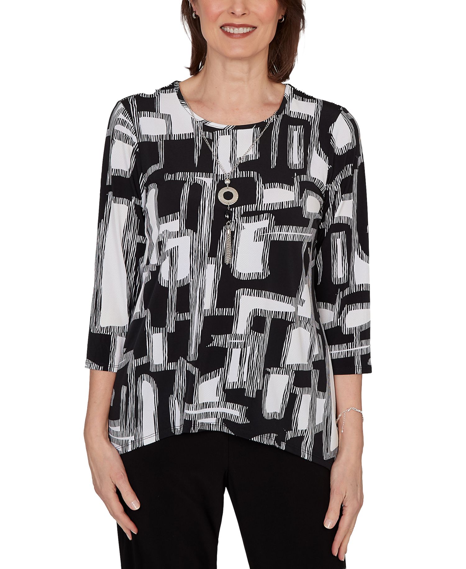 Petite Geo Boxes Puff Printed Top with Necklace