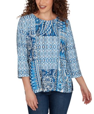 Petite Medallion Navy Patchwork Knit Top