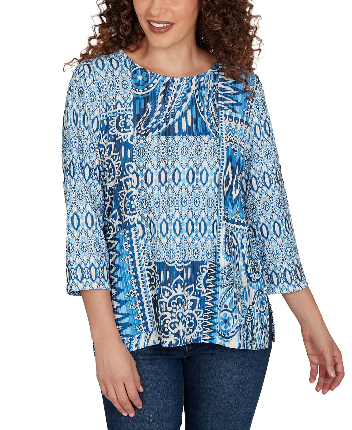 Petite Medallion Navy Patchwork Knit Top