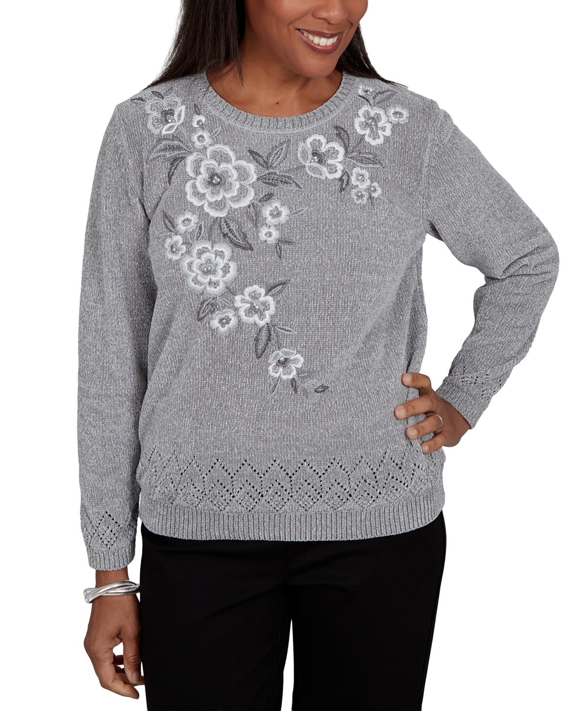 Alfred Dunner Petite Classic Embroidered Floral Textured Chenille Sweater