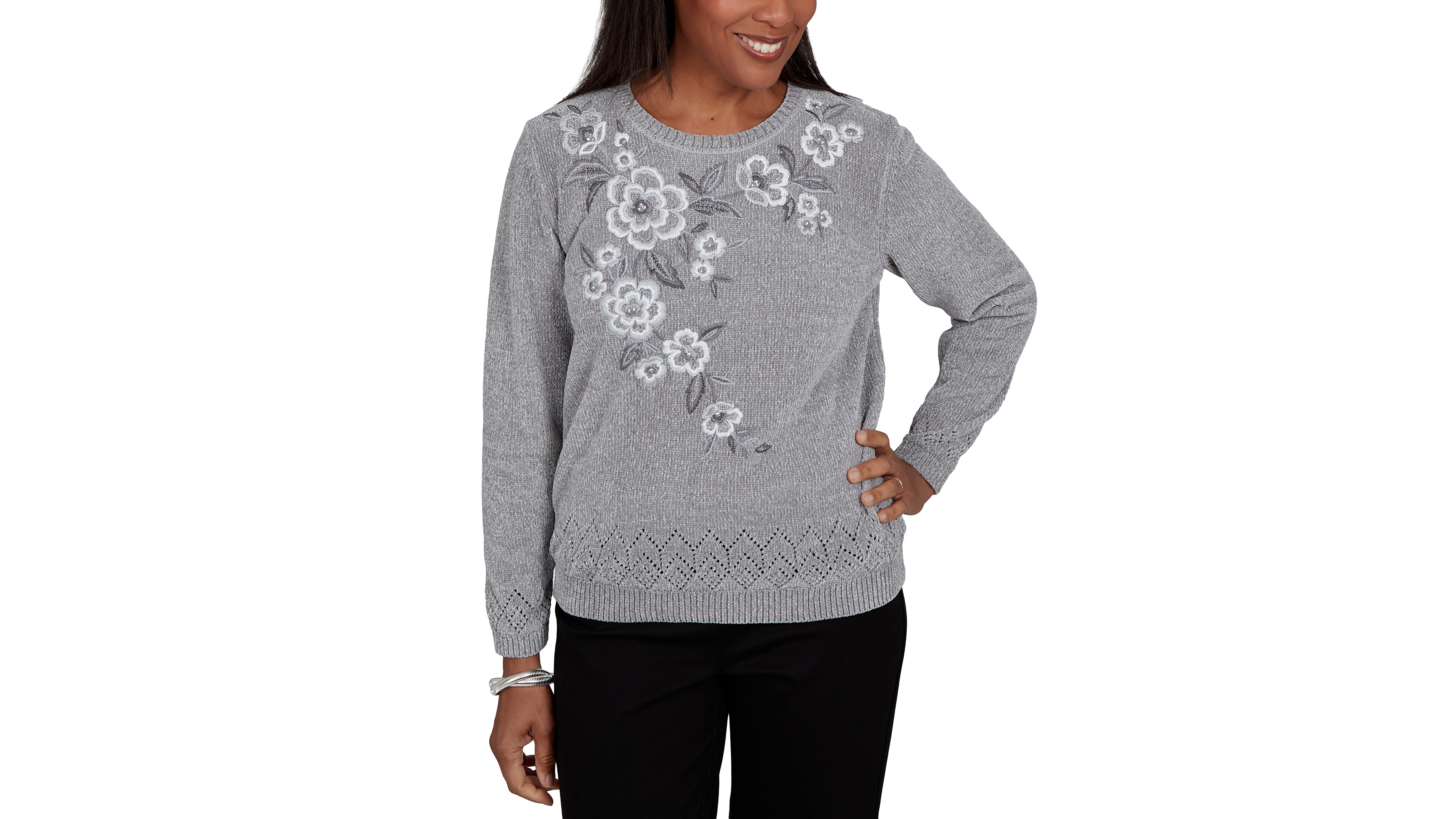 Alfred Dunner Petite Classic Embroidered Floral Textured Chenille Sweater