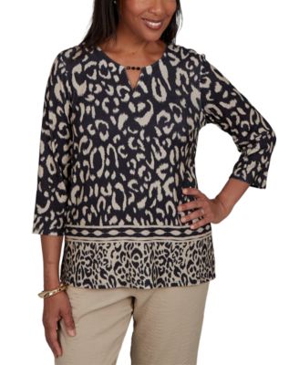 Petite Animal-Print Split-Neck 3/4-Sleeve Top