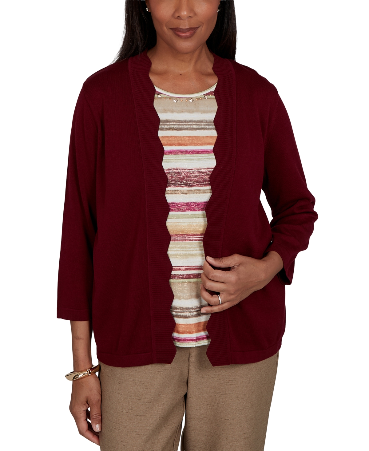 Alfred Dunner Women's Union Square Scalloped Cardi Two One Striped Sweater
