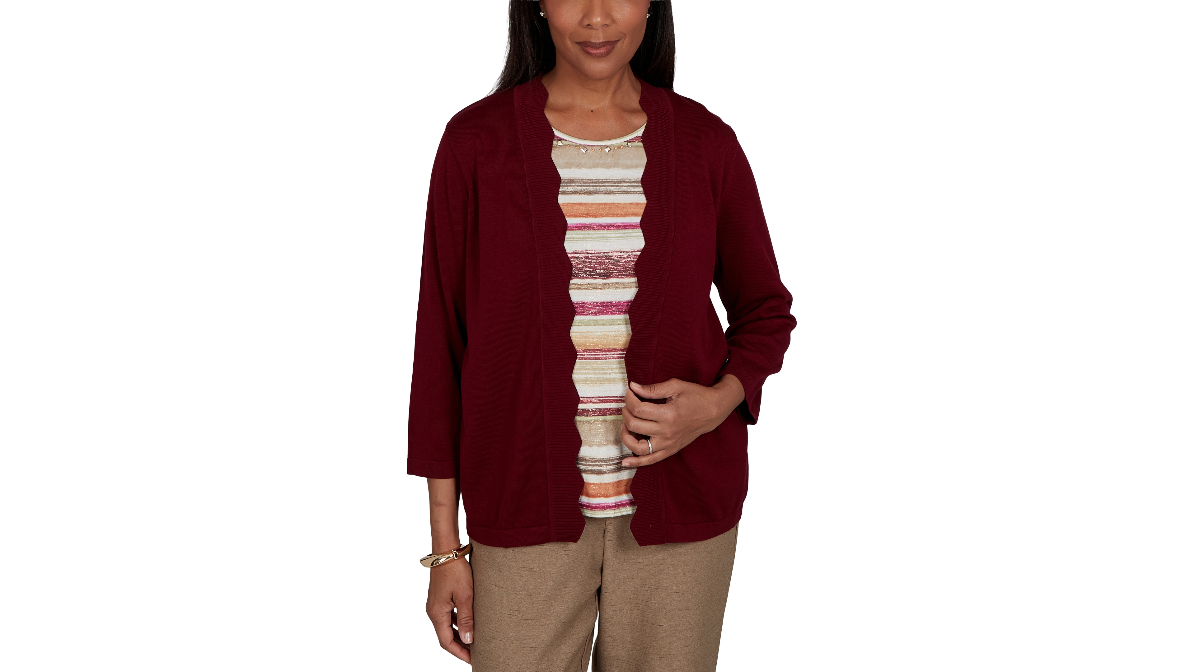 Alfred Dunner Women's Union Square Scalloped Cardi Two One Striped Sweater