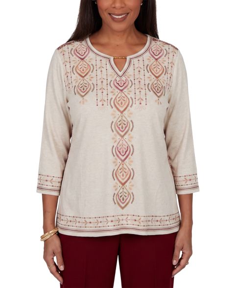 Женская блузка Alfred Dunner Petite Keyhole Neck 3/4-Sleeve, цвет: Овсяный