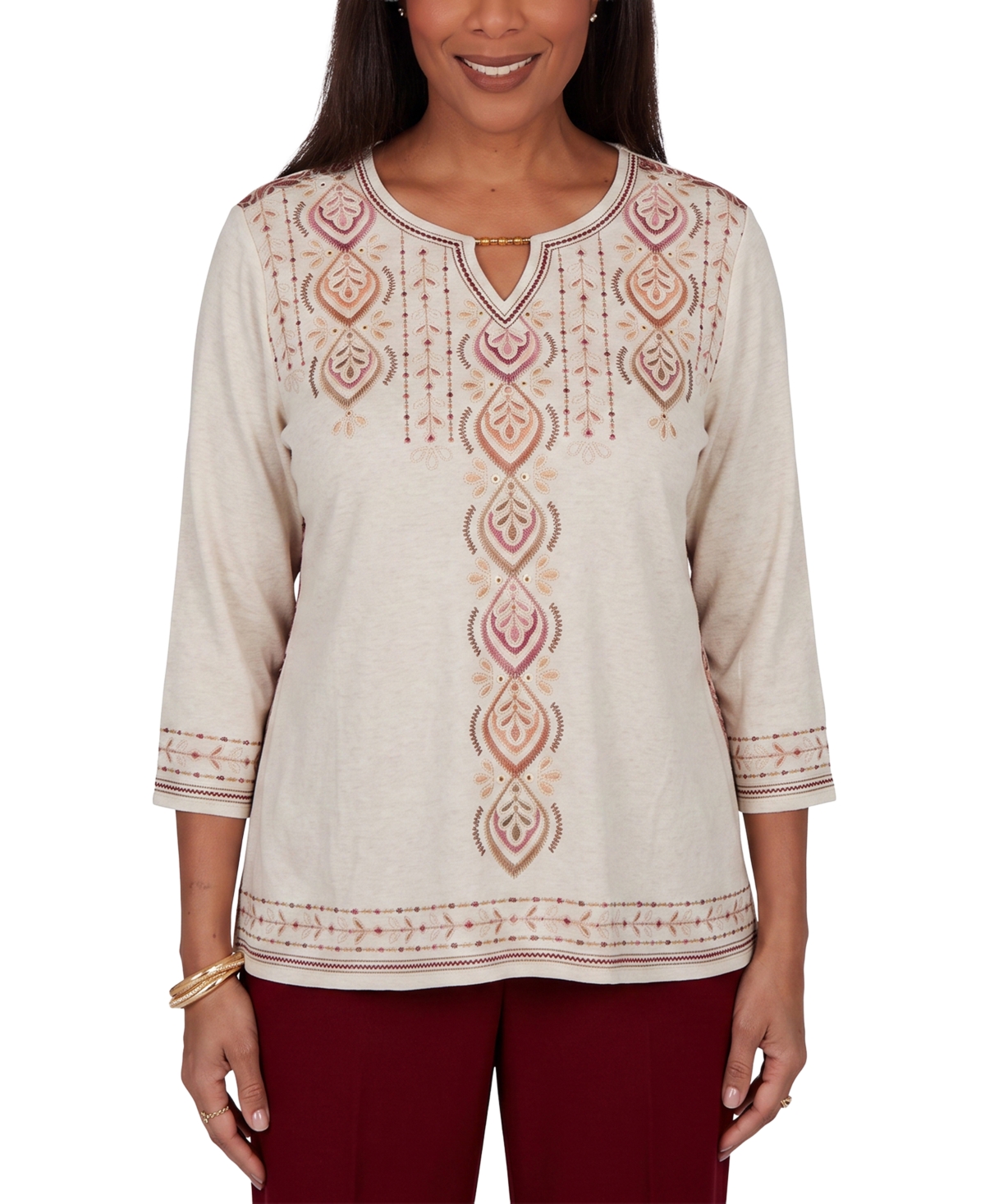 Alfred Dunner Petite Keyhole Neck 3/4-Sleeve Blouse
