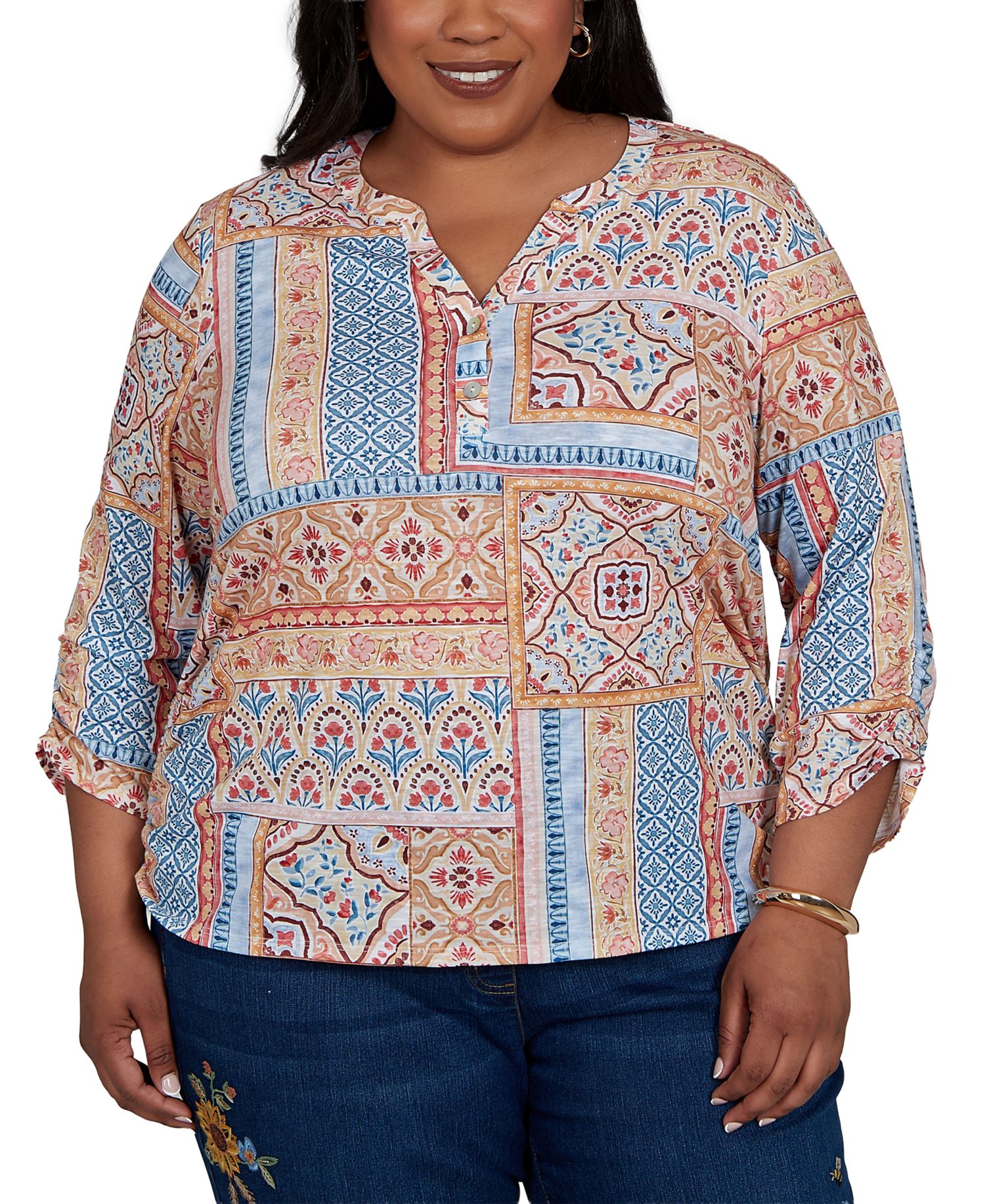 Plus Size 3/4-Sleeve Patchwork-Print Blouse