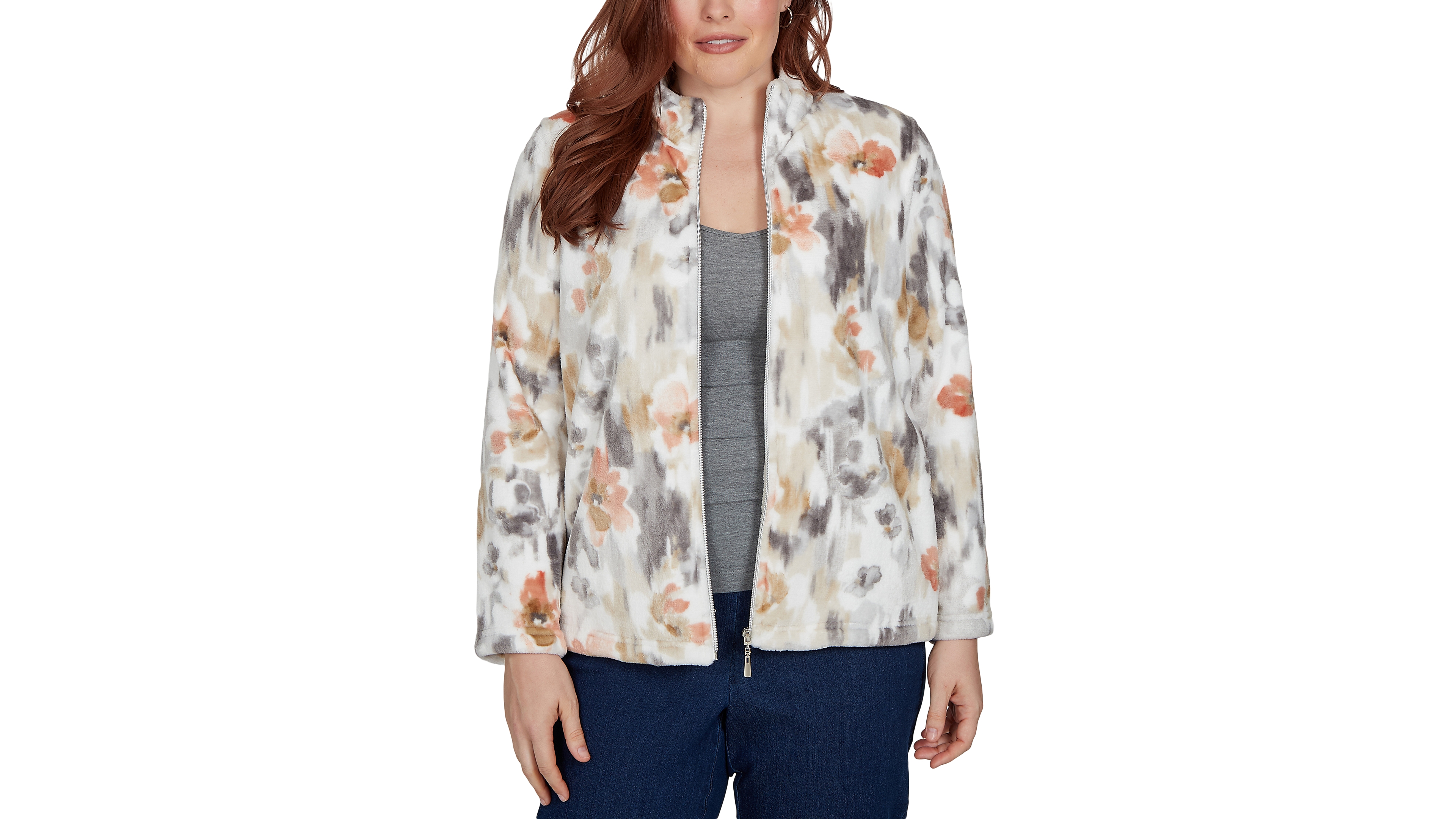 Alfred Dunner Petite Classic Watercolor Floral Cozy Zip Jacket