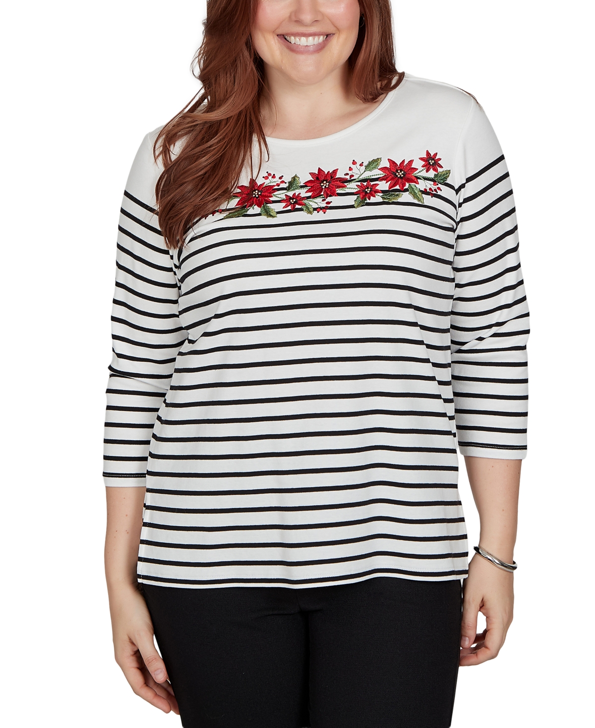 Alfred Dunner Petite Classic Poinsettia Stripe Knit Top