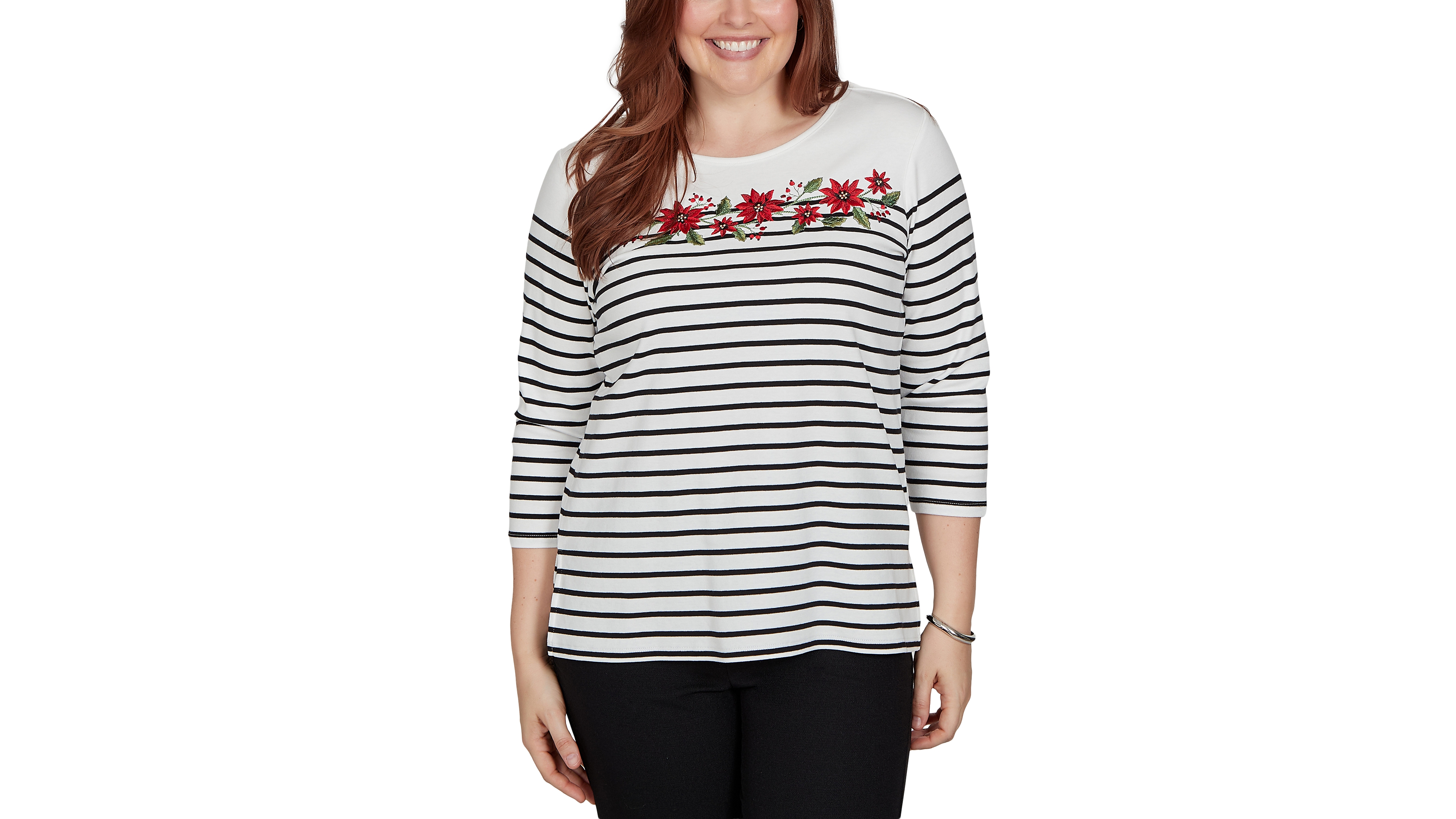 Alfred Dunner Petite Classic Poinsettia Stripe Knit Top