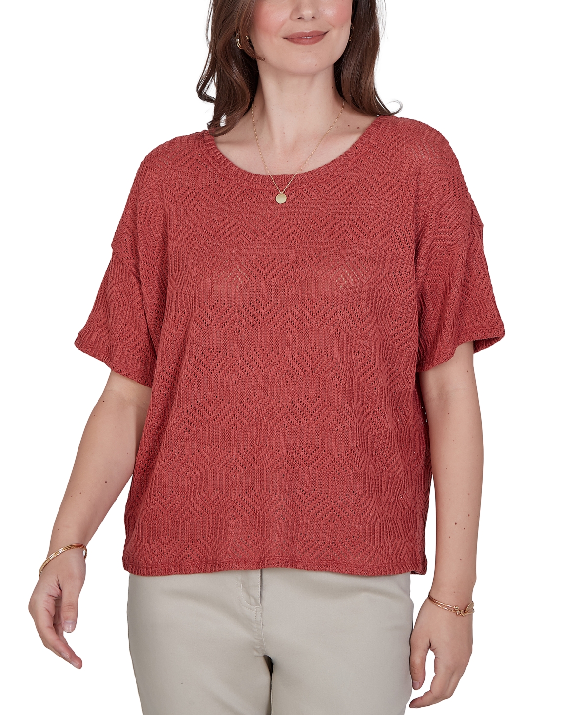 Ruby Rd. Petite Crochet Diamond Textured Knit Top