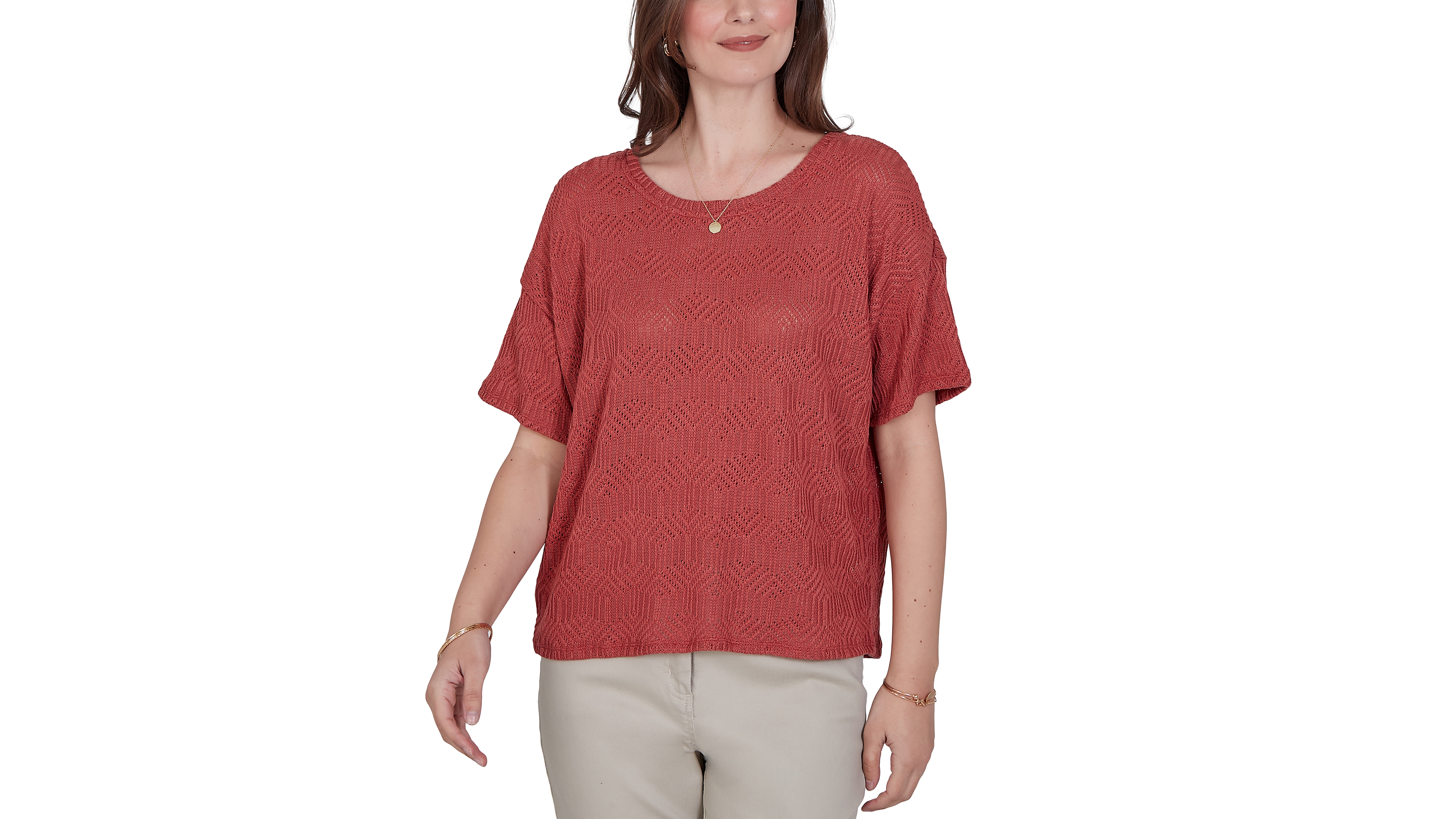 Ruby Rd. Petite Crochet Diamond Textured Knit Top