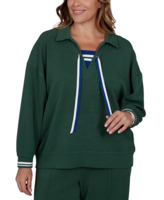 Plus Size Stripe Trim Drawstring Pullover Top
