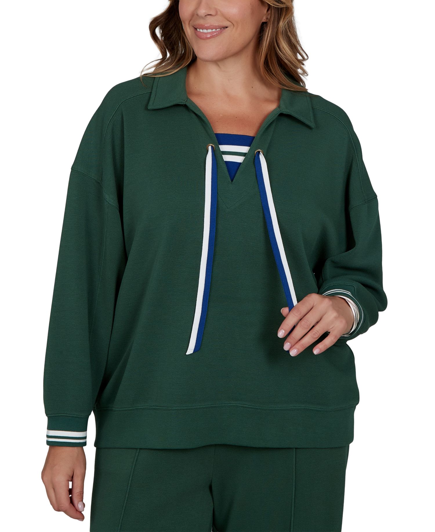 Plus Size Stripe Trim Drawstring Pullover Top