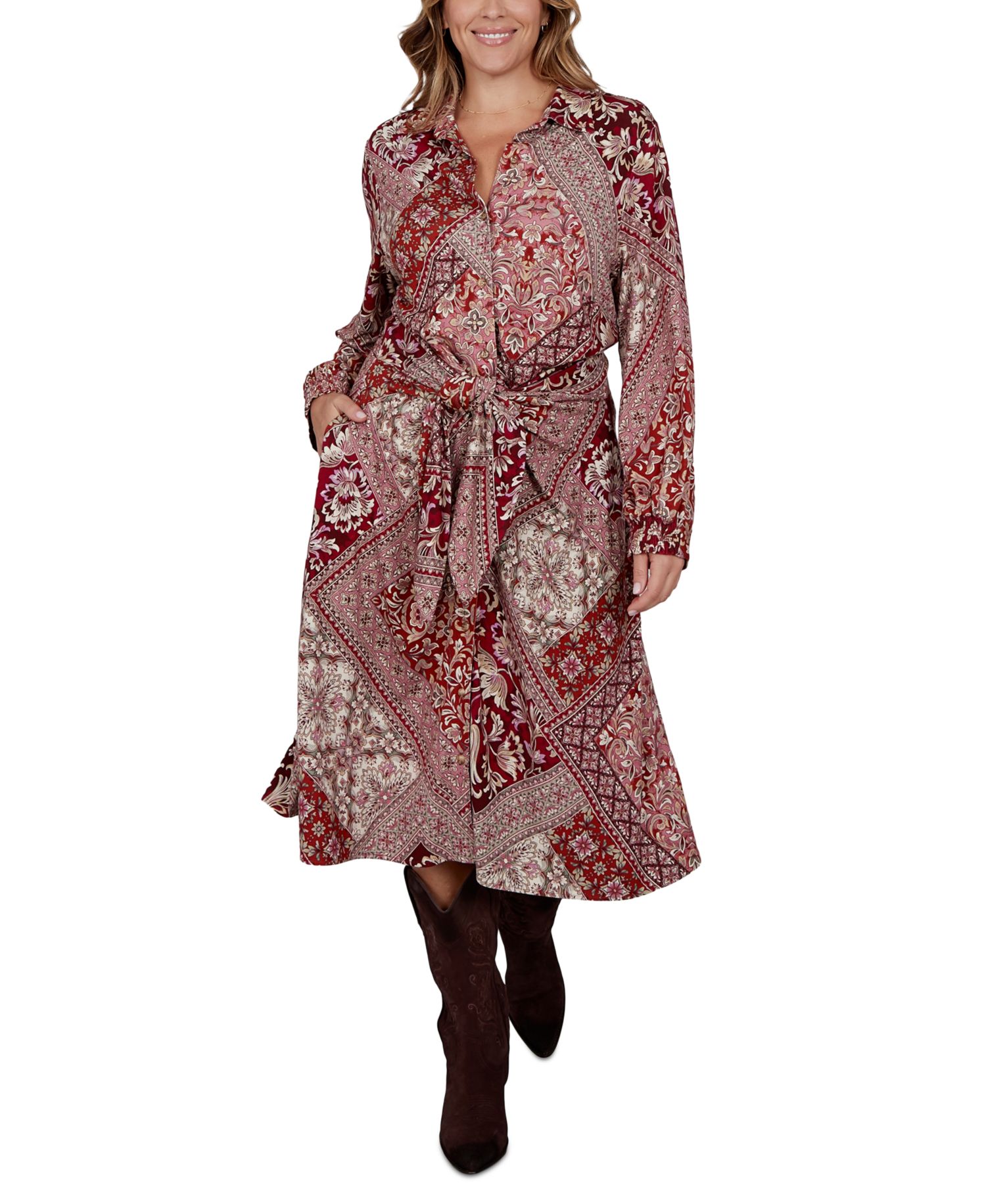 Plus Size Victorian Long-Sleeve Midi Shirt Dress