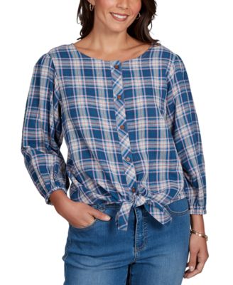Petite Homestead Plaid 3/4-Sleeve Button-Front Top