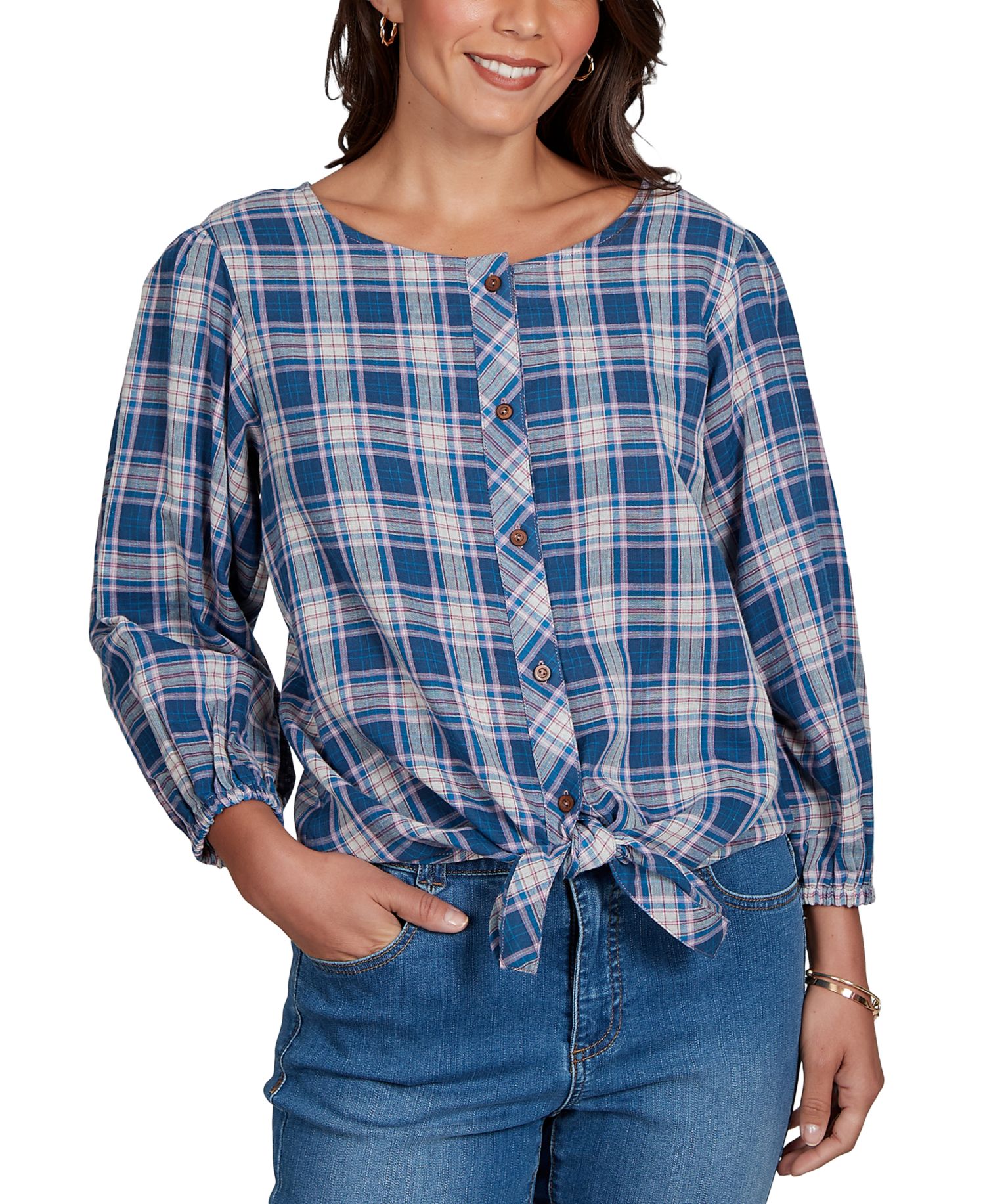 Petite Homestead Plaid 3/4-Sleeve Button-Front Top