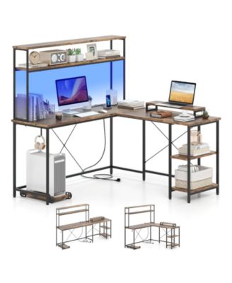 L-Shaped Reversible Gaming Desk with LED Strip and Power Outlets Hutch Monitor Stand