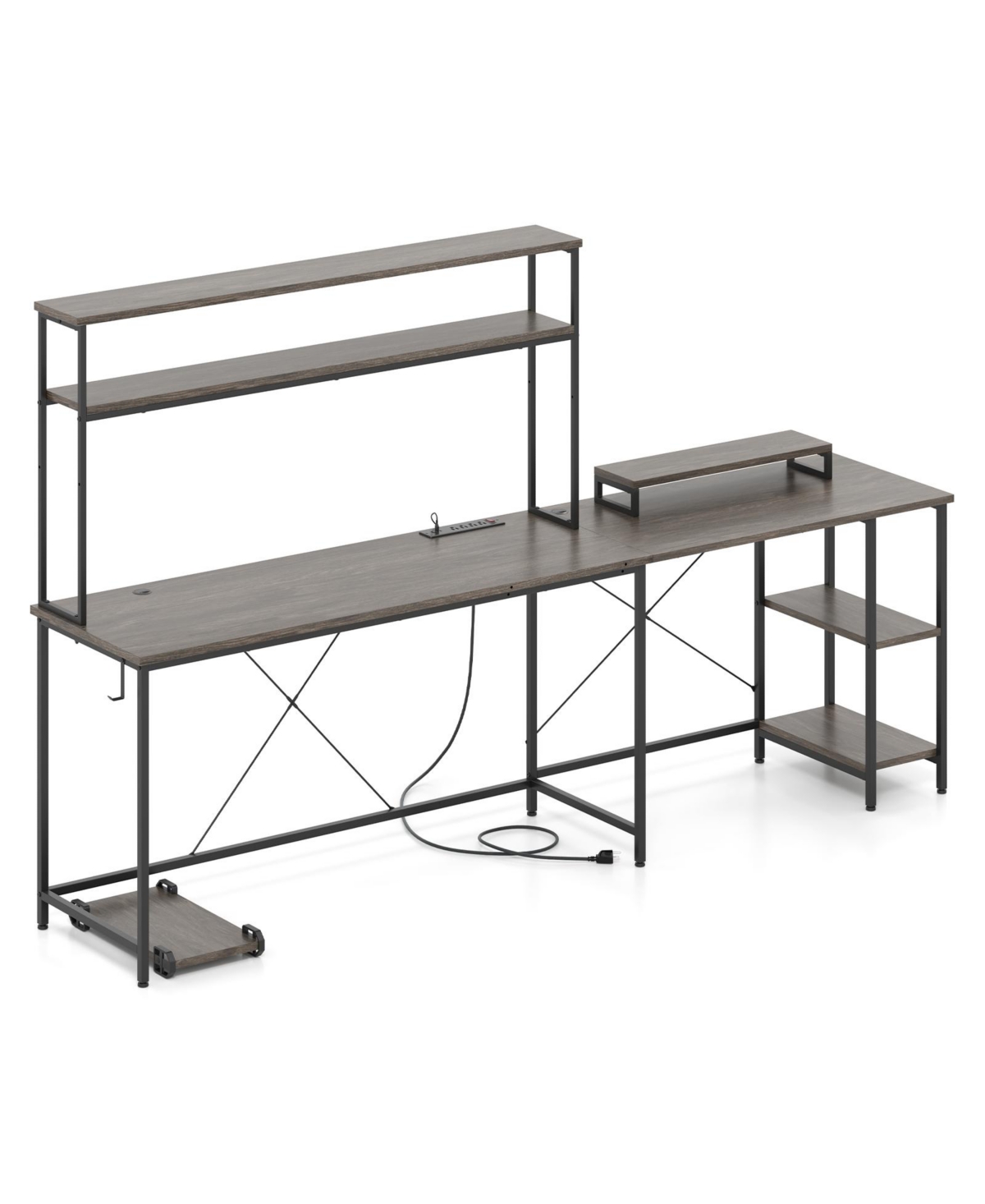 Mecale L-Shaped Reversible Gaming Desk with Led Strip and Power Outlets Hutch Monitor Stand - Gray