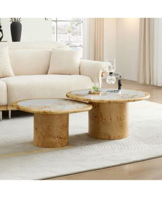 Burl Wood Veneer and Sintered Stone Irregular Coffee Table Set (2-Piece)