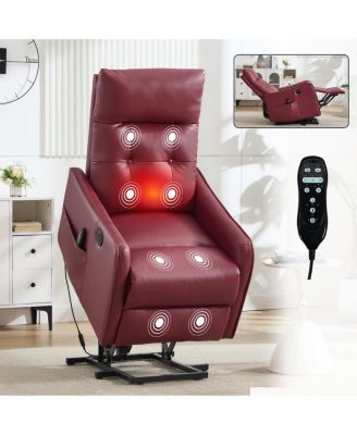 Wine Red PU Power Lift Recliner with Massage, Heat, and USB