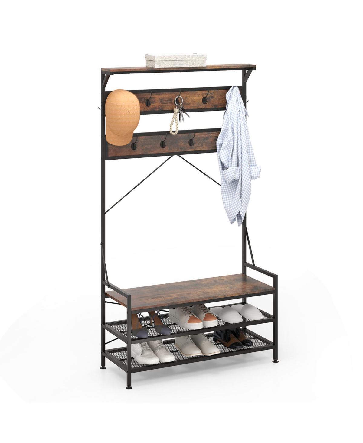 Mecale Coat Rack 4 in 1 Hall Tree with 11 Hanging Hooks Shoe Bench - Rustic brown