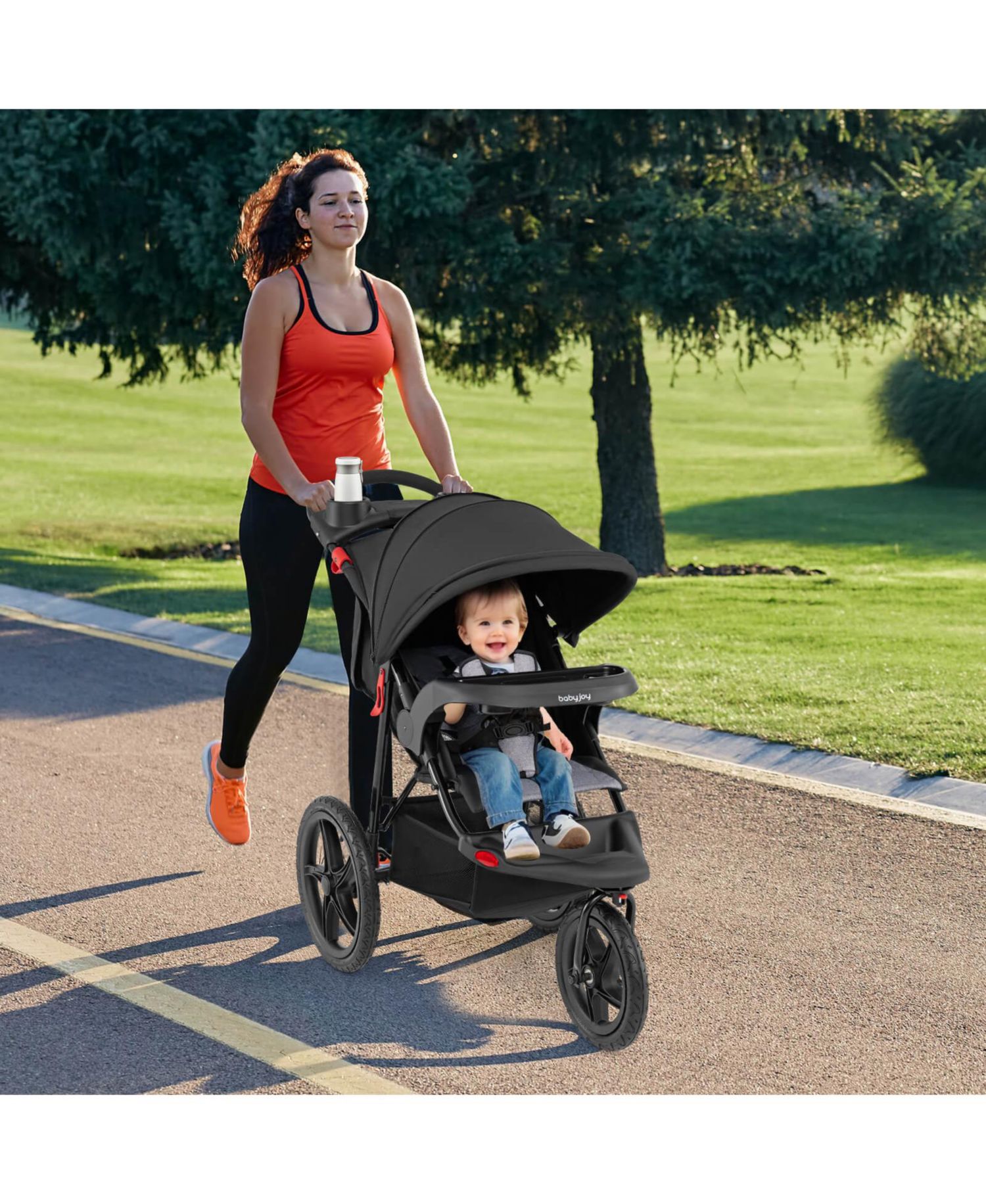 Jogging Stroller Foldable Jogger with Adjustable Canopy Detachable Tray Cup