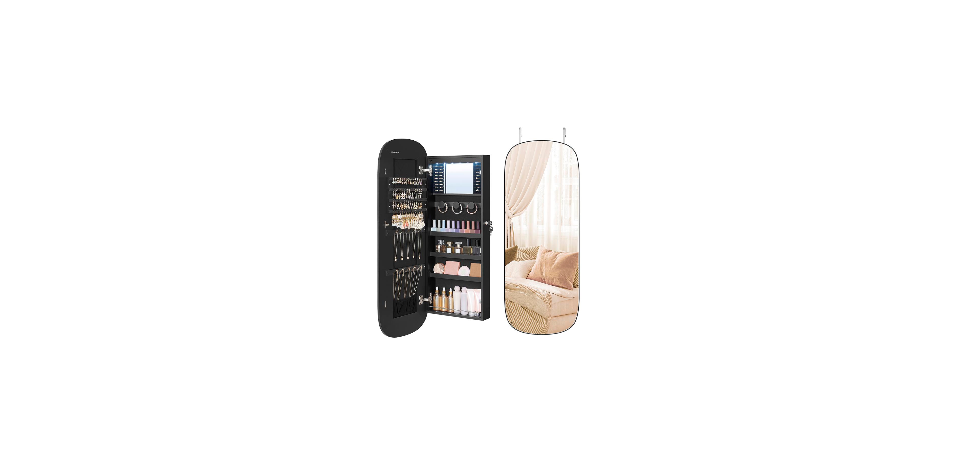 Slickblue Led Jewelry Cabinet Wall/Door Mounted, Lockable Rounded Wide Mirror with Storage, Interior