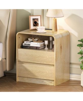 25" Tall Modern Nightstand with Charging Station, 2 Drawers Wood Bedside Table Elegant Curved Design Sturdy End Table for Bedroom Home Decor
