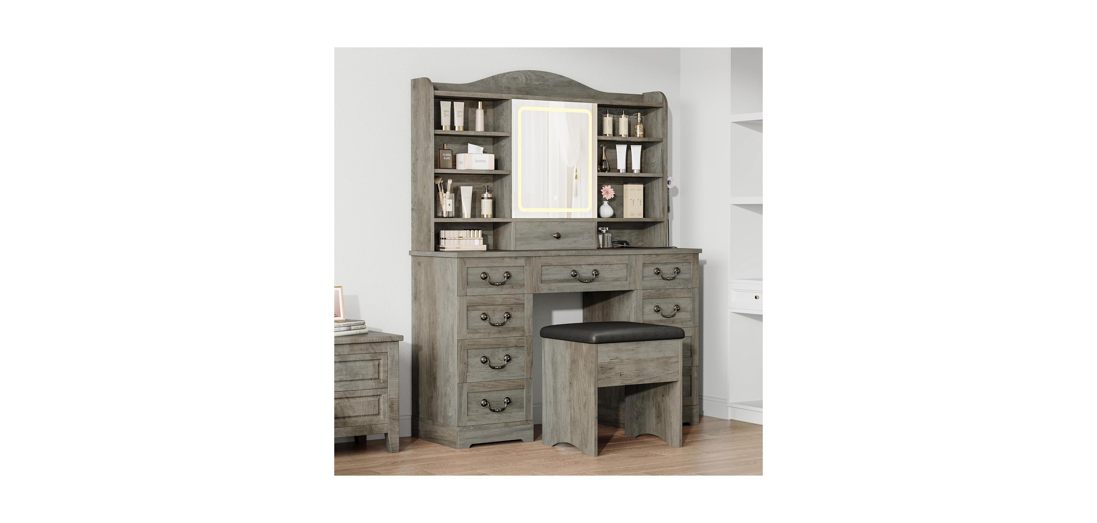 homfan Vintage Double-Sided Vanity Desk with Mirror and Drawers