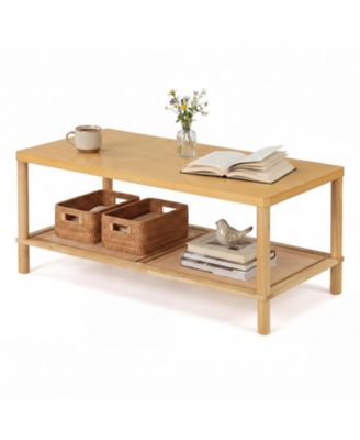 35.5 Inch Outdoor Coffee Table with Slatted Top Teak Oil Finish for Deck Garden