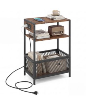 3 Tier Industrial Side Table with 2 AC Outlets and 1 Type C Ports Rustic