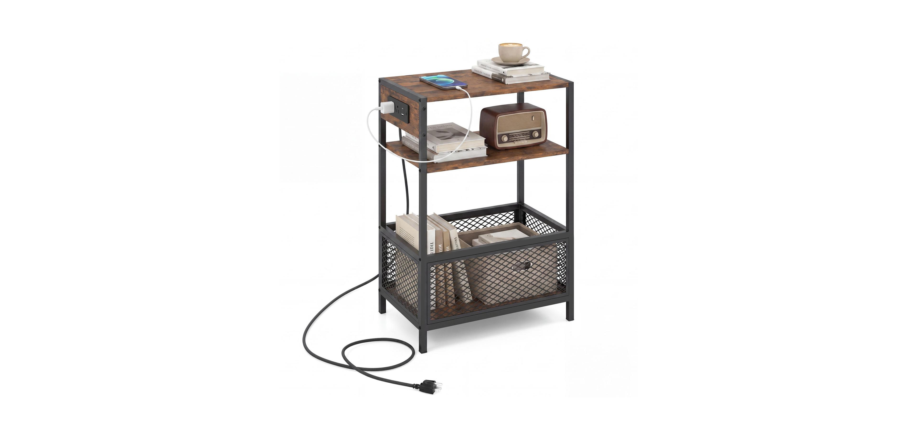 Mecale 3 Tier Industrial Side Table with 2 Ac Outlets and 1 Type C Ports Rustic